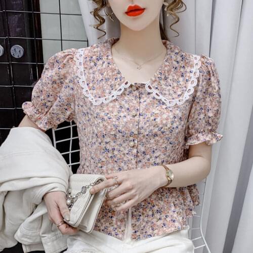 French retro floral lace doll collar short-sleeved waist shirt women summer new self-cultivation all-match blouse