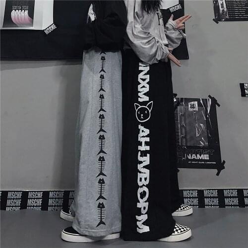 2021 Black Cat Print Trousers Autumn Men Loose Teens Sweatpants Hip Hop Streetwear Male Straight Pants Funny Japan Punk Pants
