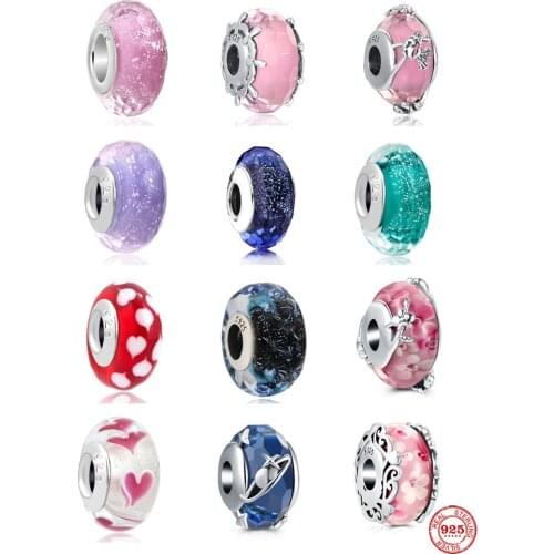 925 Sterling Silver Airplane blue murano glass pink flower DIY fine beads Fit Original Pandora Charm Bracelet Women Jewelry F001