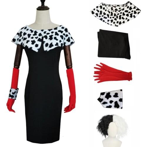 Movie Cruella Cosplay Costumes Dresses 101 Dalmatians Cruella De Vil Anime Wig Clothing Uniform Halloween Costume For Women