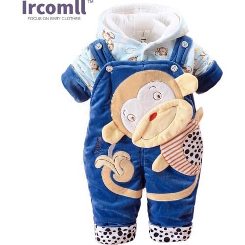 Flannel Baby Clothes Baby Monkey Soft Flannel Long sleeve Hooded Coat+Overalls 2pcs Clothing For Newborns Boys Toddler Cloth