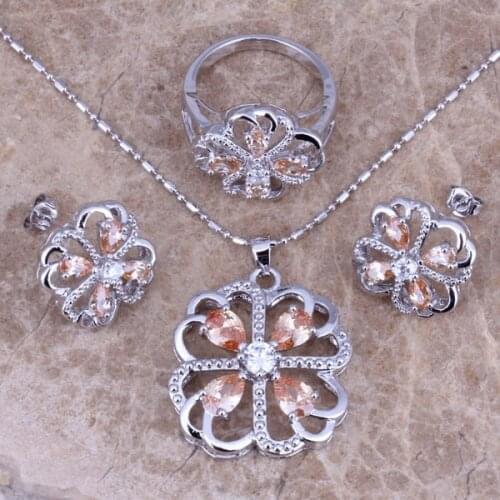 Charismatic Champagne Morganite Silver Plated Jewelry Sets Earrings Pendant Ring Size 6/7/8/9 S0162
