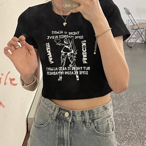 Japanese Manga Girl Crop Top Slim Round Neck Print Casual 90s Vintage Y2K Casual Summer Harajuku Streetwear Gothic Women T-Shirt