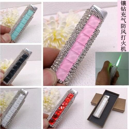 Butane Windproof Lighter Fashion Diamond Rhinestone Straight Lighter Beautiful Girl Gift Smoking Accessories Tobacco Accessories
