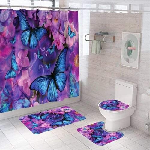 Purple Butterfly Flower 3D Bathroom Waterproof Shower Curtain Set Pedestal Rug Lid Carpet Toilet Cover Bath Curtain Mat PCS Set