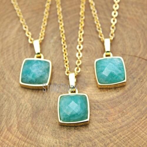 10Pcs Gold Plating Faceted Square Chains Necklaces Single Amazonite Chains Necklaces 18-32inch NM14948