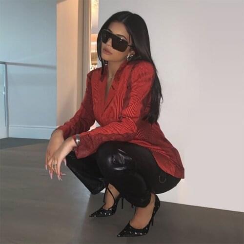 New Arrivals Red Women 2 Piece Set Turned Down Collar Long Sleeve Coat And Pants Button Fashion Suit 2020