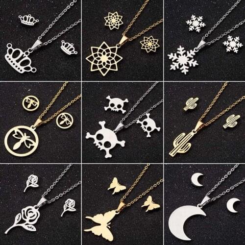 Jisensp Stainless Steel Butterfly Necklace Earrings for Women Jewelry Set Bijoux Cute Mandala Flower Necklaces Pendants Kids Gif