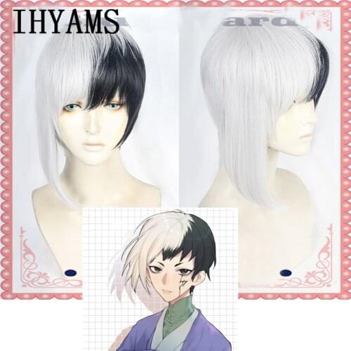 New Arrival Anime Dr.Stone Cosplay Asagiri Gen Black White Costume Wig Heat Resistance Fiber Synthetic Hair + Wig Cap