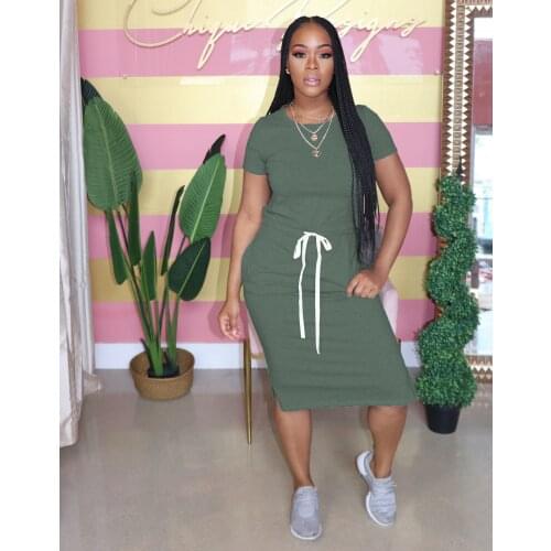 Solid mid-calf t shirt dress Elastic waist short sleeve summer women dress Vestido yellow/green/pink/red/black/purple/blue