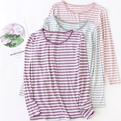 Simple Striped Long-sleeved T-shirt Lady Spring Modale Sleep Tops Round Neck Pijama Set Women Sleepwear Plus Size Sleep Shirt