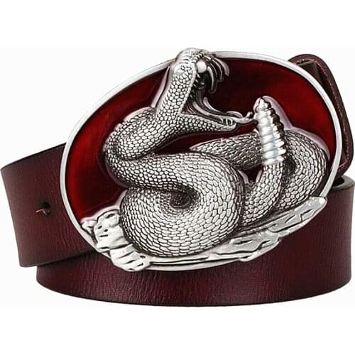 Fashion mens Genuine Leather belt metal buckle Snake belt rattlesnake pattern king cobra belt punk rock style show girdle women