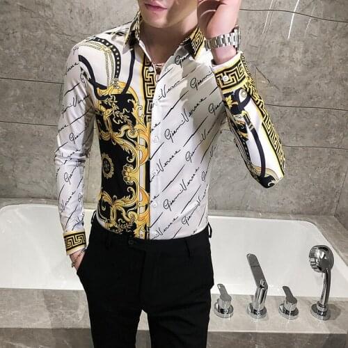Spring Man Vintage Printed Social Black Shirts Luxury Mens White Slim Fit Long Sleeve Dress Shirt Fashion Casual Chemise Homme