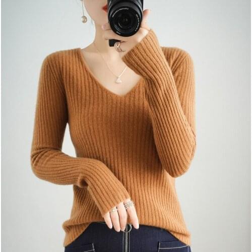 FRSEUCA Slim sexy 100% wool sweater ladies V-neck cashmere sweater 2021 new solid color long-sleeved pullover Autumn and winter