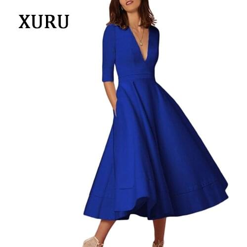 XURU spring womens large size stitching dress ladies sexy deep V-neck half sleeve party dress dress retro casual dress