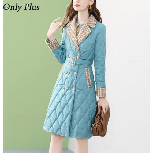 Only Plus Sky Blue Warm Winter Padded Jacket Long Office Lady Sashes Slim Elegant Cotton Outwear Plaid Fashion Long Coats 2020