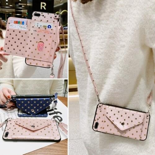 Star Card Holder Wallet Case For Samsung Galaxy A51 A71 A41 A31 A11E A21 Note 10 S10 Plus S10e +Lanyard Slot Shoulder Bag Cover