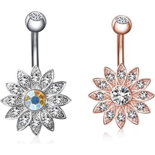 1PC 14G Sunflower Navel Belly Button Ring Bar Surgical Steel Curved Barbell Piercing Jewelry for Women Crystal CZ Gem Navel Bars