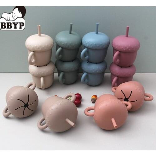 1Pcs Baby Tableware Silicone Cup Wth Habit Drinking Water Cup Children Straw Cups Non-slip With Handle Drinker Have Lids