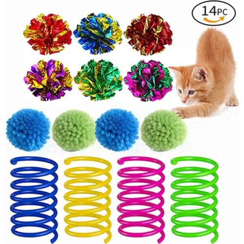 14PCS Pet Toys Interactive Funny Cat Spring Toys Pom Pom Balls Cat Teaser Toys Colorful Springs Cat Pet Toy Coil Spiral Pet Toy