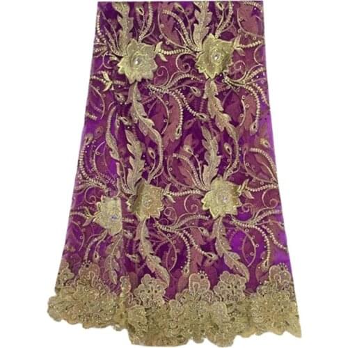 Beautifical Purple 3d lace fabric with stones 3d flower embroidered lace appliques french tulle lace fabric 5yards for dress 101