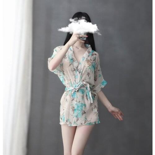 2020 New Japanese Chiffon Kimono Sexy Floral Robes Fashion Transparent Chiffon Floral Printed Nightdress Bathrobe Nightgown