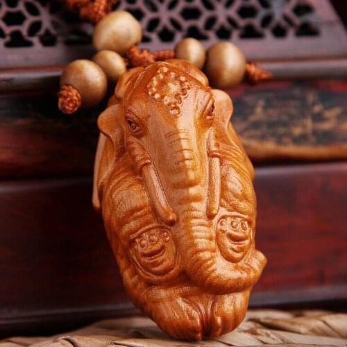 Elephant God Ganesha Statue Rosewood Wood 3D Carved Sculpture Pendant Key Chain