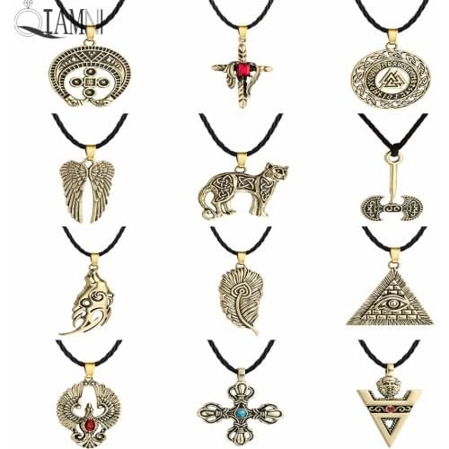 QIAMNI Men Viking Valknut Tibetan Amulet Pendant Necklace Punk Pagan Religious Slavic Male Women Jewelry Gift Rope Chain Choker
