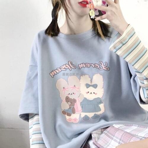 Cotton Patchwork T-Shirt Girl Japan Cartoon Striped Tops Summer Cute Rabbit Tees Causal Harajuku Oversize Punk Autumn T Shirts