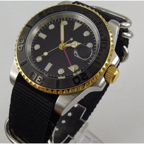 Classic BLIGER 40MM Mens Watch Brushed Bezel Nologo Dial GMT Sapphire Crystal Automatic Movement Golden Coated Case Golden Hand