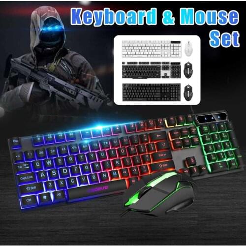 Wired USB PC Gamer Suspension Mechanical Feel Keyboard + Mouse Set for Laptop Computer Backlit Keyboard Set 104 Keys Black/White
