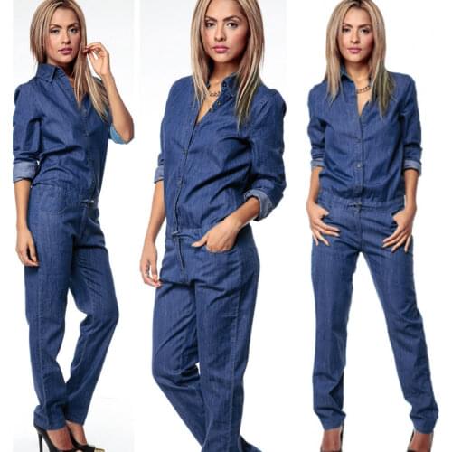 Retro Women Denim Casual Jumpsuit Romper Trousers Cargo Pants Casual Button Long Sleeve Tops Fashion Women Jeans Long Trousers