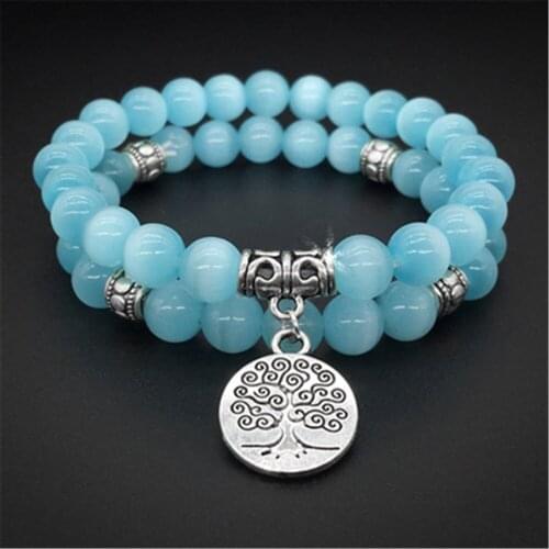Hot Sale 8mm Blue Cats Eye Set Bracelets Tree of Lift Pendant Yoga Natural Crystal Beaded Bracelet Female Jewelry Wholesale