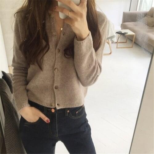 2020 new round neck cashmere cardigan womens knitted thin 100% wool small coat loose fashion short sweater Korean version
