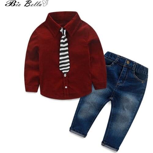 New Baby Boy Clothing Set Boy Gentleman Suits Long Sleeve Red Shirt with Tie+Denim Jean Pants Kids Casual Outfits