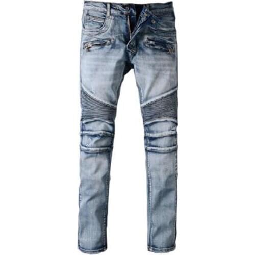 New Mens slim fit classic blue biker jeans for moto Casual plus size denim cargo pants Fashion ripped jeans for man trousers