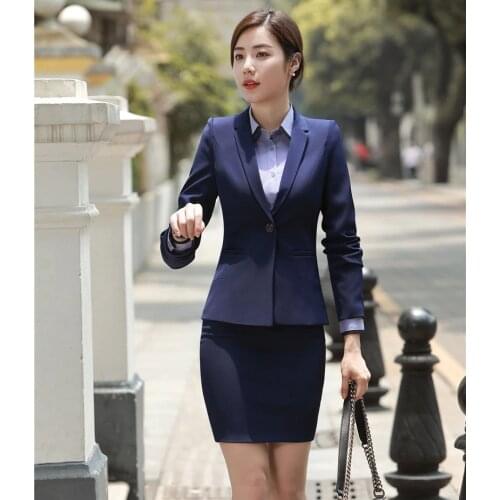 Formal Navy Blue Blazer Women Business Suits with Skirt and Jacket Sets Elegant Ladies Work Wear Office Uniform Designs