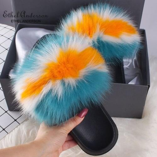 Wholesale 100% Real Fox Fur Slippers Slides Womens Luxurious Flip Flops Plus Fur Sandals Flat Shoes