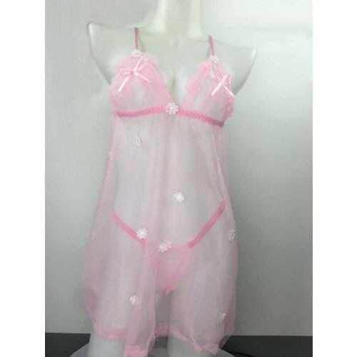 Sexy Lace Women Pink Lingerie Set Sleepwear Nightdress Backless Pajamas Transparent Mesh Front Split