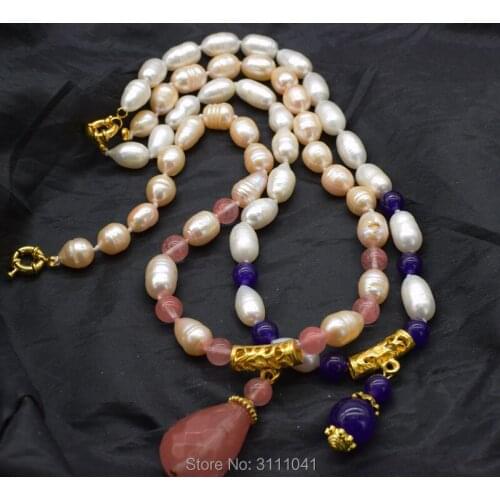 Freshwater pearl white/pink rice and watermelon quartz drop necklace 18inch wholesale beads nature FPPJ woman gift xmas gift