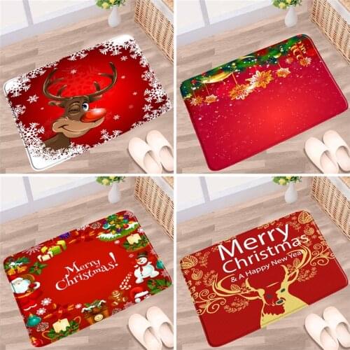 Christmas Bathroom Mat Elk Santa Claus Happy New Year Red Background Non-slip Rugs Flannel Home Bath Kitchen doorway Carpet