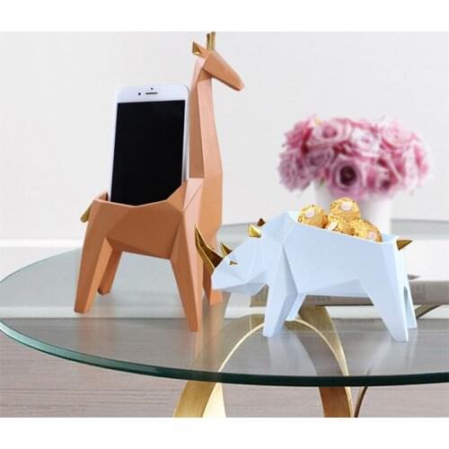 Nordic Geometry Animal Statue Multifunction Storage Box Resin Lion Rhino Giraffe Sculpture Home Remote Control Decoration R2574