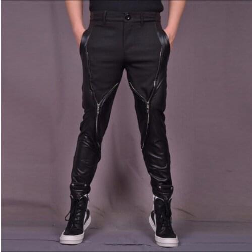 Hairstylist Men Pants Nightclubs Punk Rock Zipper Casual Pants Black Stretch Pants Splicing Leather Trousers Singer Costumes