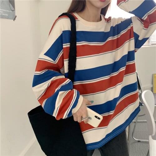 Cotton Long Sleeve Sweatshirt Women Korean Autumn Winter New Loose Striped Thin Top Women Fashion Streetwear Women