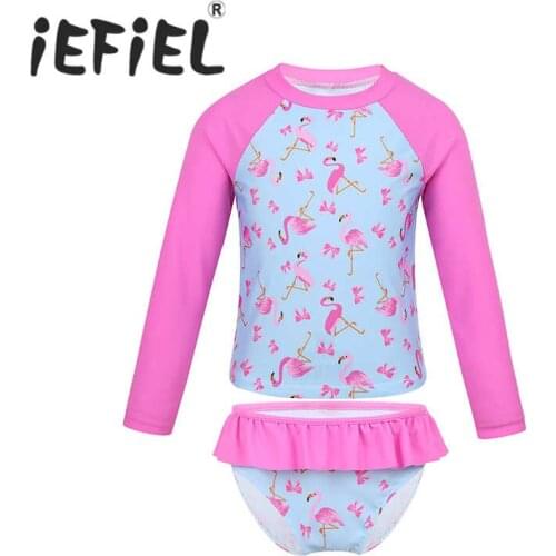 Little Kids Girls Tankini Long Sleeves Flamingo Printed Rash Guard Swimsuit Swimwear Bathing Suit Set Tops with Ruffled Bottoms