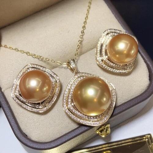 D421 Pearl Set Fine Jewelry Solid 14K Gold Almost Round 11-13mm Ocean Sea Water Golden Pearls Jewelry Sets for Women Presents