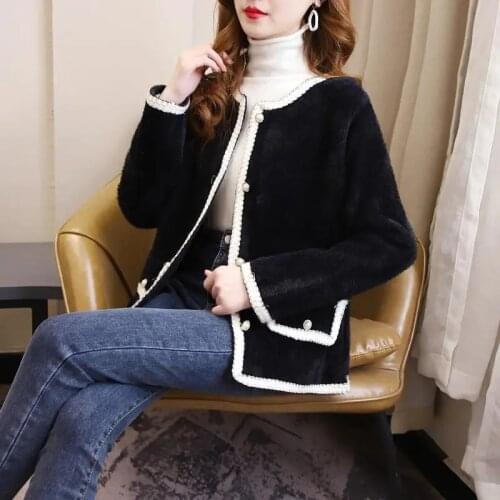 Autumn Winter Waterproof Mink Jacket Women O-Neck Pearl Single Breasted Short Coat Korean Fashion Loose Cardigan Small Outwear