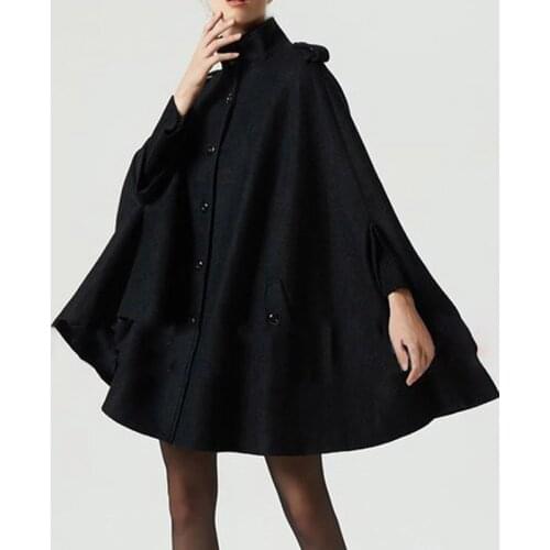 Gothic Women Wool Cape Coats Button Loose Casual Outerwear High Street Stylish Autumn Winter Warm Overcoat Female Black Top Coat