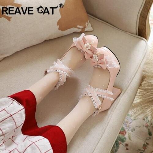 REAVE CAT New 2021 Ladies Sandals Sweet Lolita Round Toe Flower High Spike Heels Bowknot Platform Lace Casual Comfortable A4073