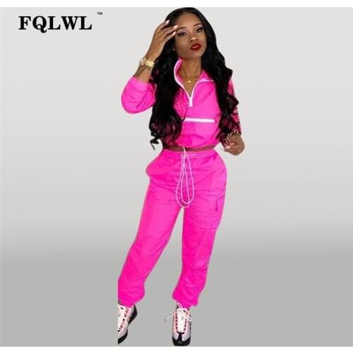 FQLWL 2 Piece Set Women Pink Outfits Zipper Long Sleeve Two Piece Set Crop Top and Pants Suit Tracksuit Women Matching Sets 2019